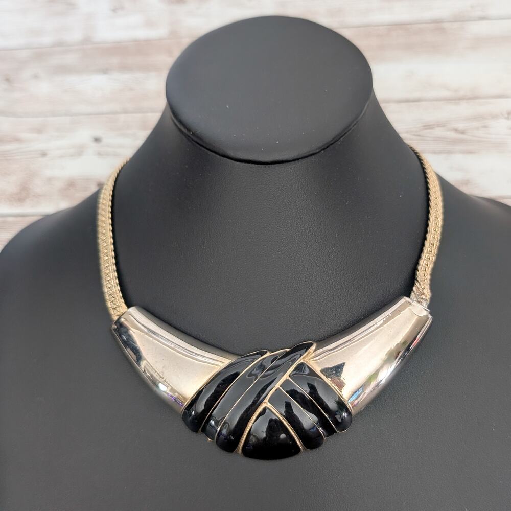 Vintage Necklace Chunky Stylish Statement Black & Gold Tone - Fair Condition